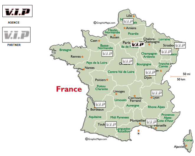 Carte de la France représentant les agences VIP Pneu et les partenaires sur le territoire